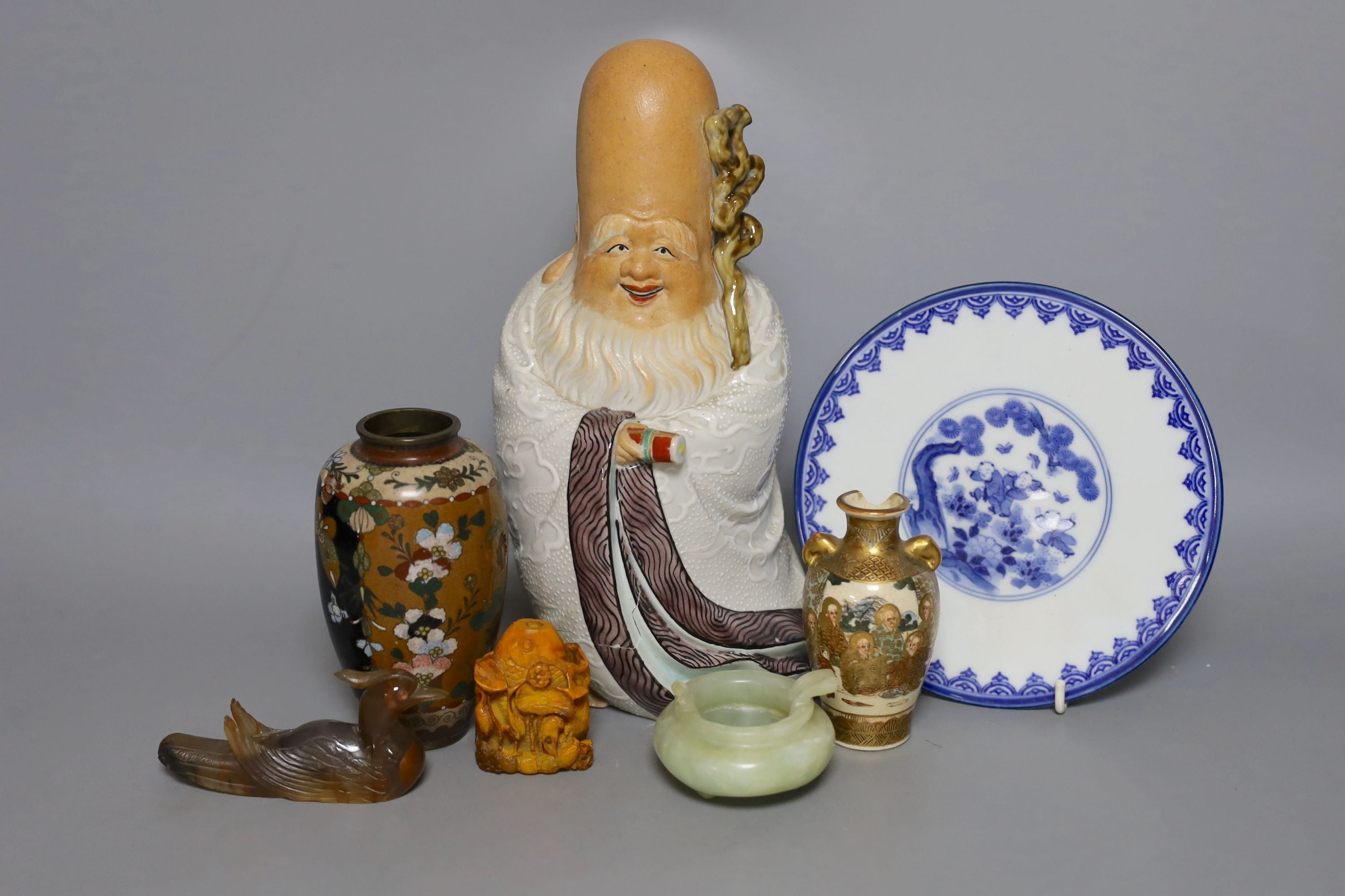 Mixed Chinese and Japanese collectables including a figure of Hotei, satsuma vase, cloisonné vase etc.